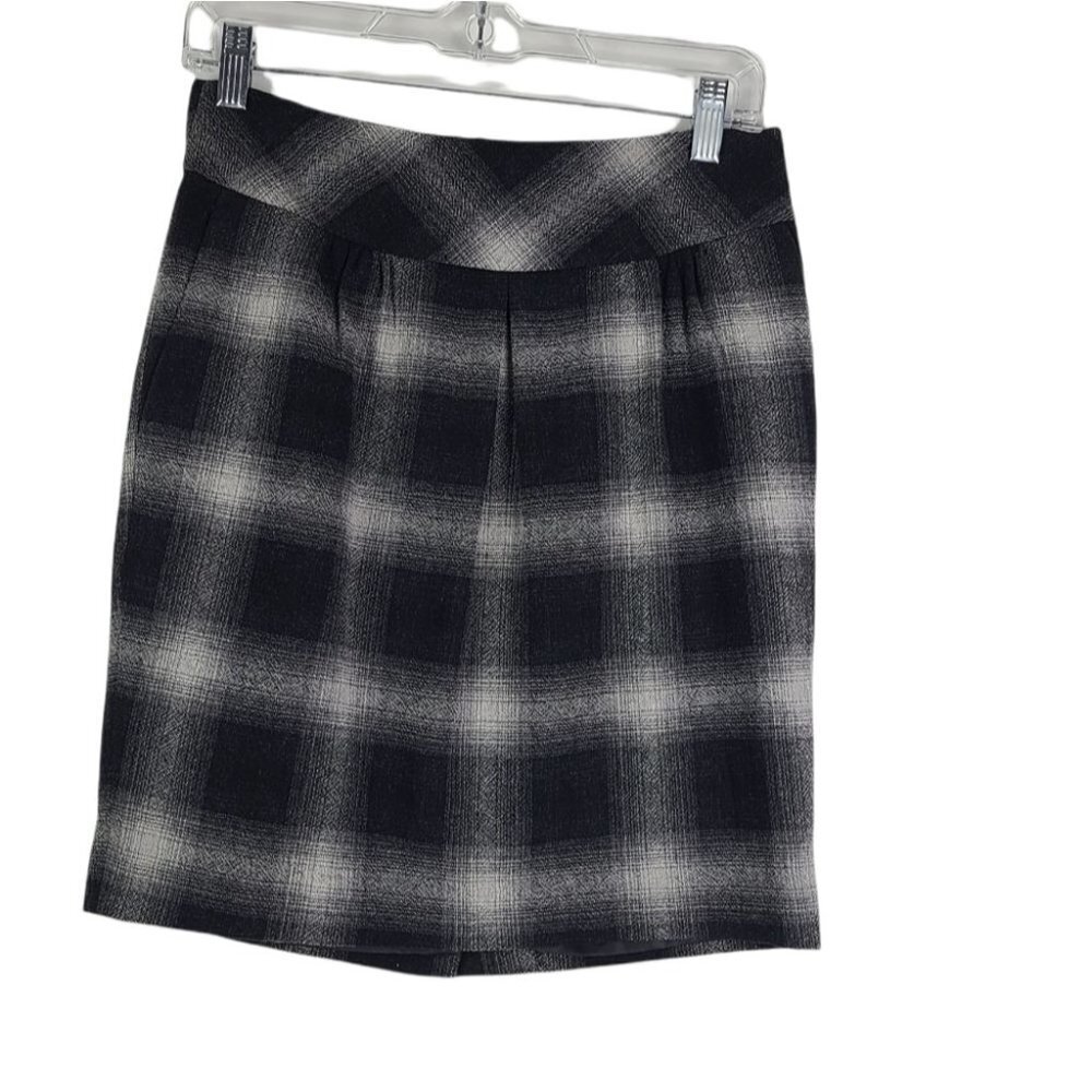 LOFT Ann Taylor Gray & Black Plaid Wool Blend‎ Lined Skirt Sz 4 PETITE